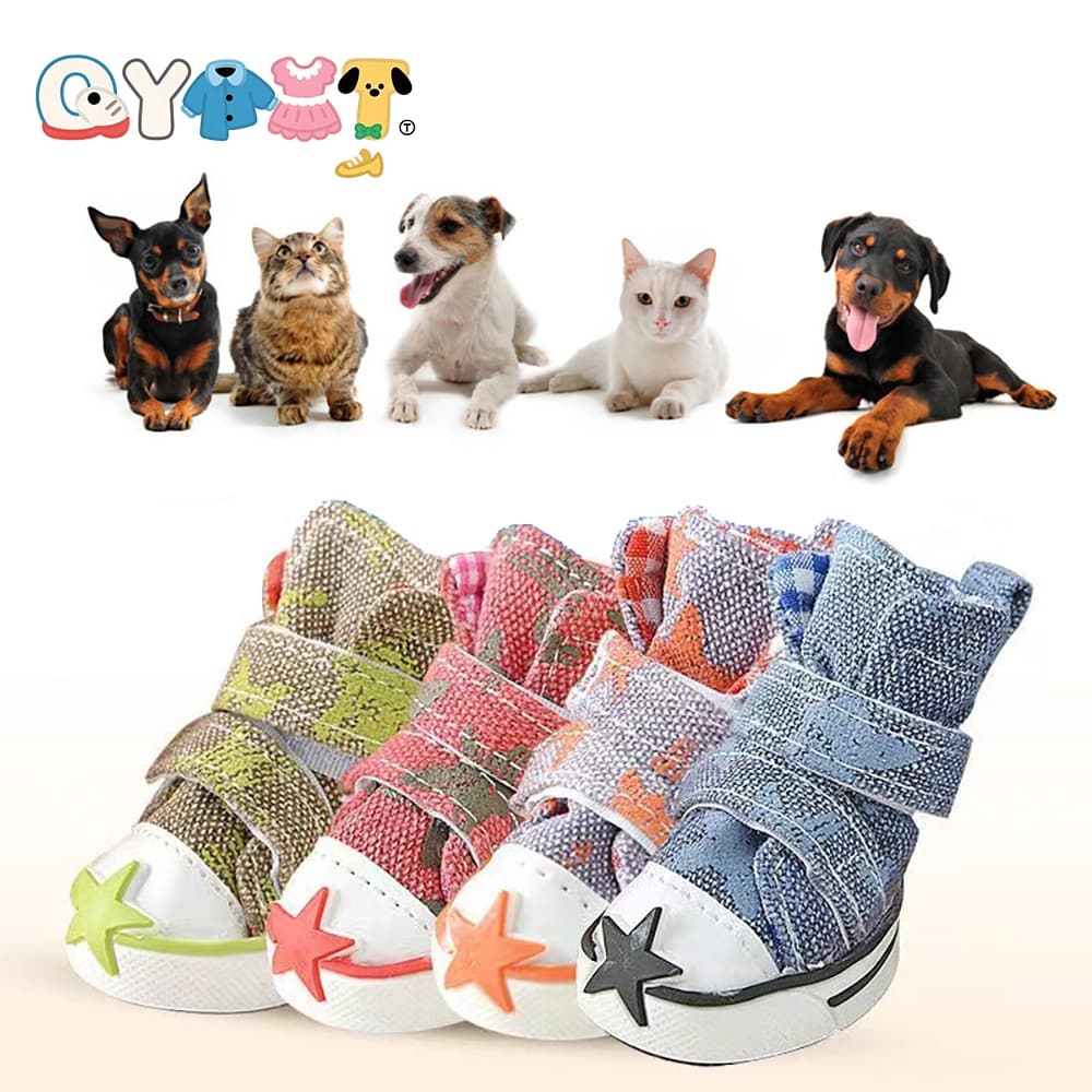 QYPET 4 Pçs/Lote Pet Pentagrama Sapatos De Lona Cães Gatos Esportes Ao Ar Livre Antiderrapante Confortável Ajustável Mod