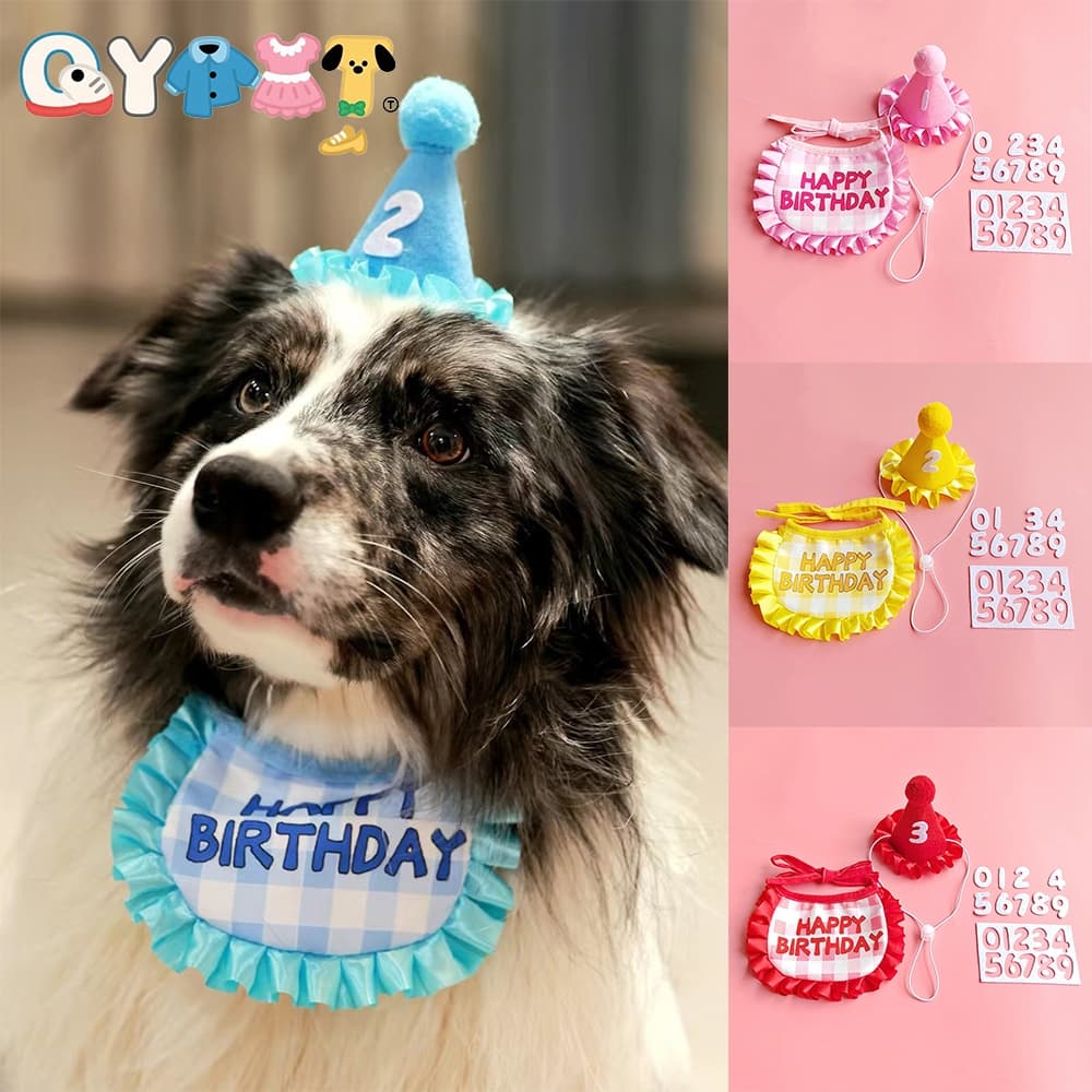 QYPET Pet Gato Cão Traje De Aniversário Chapéu Cachecol Gatinho Filhote De Cachorro Feliz Festa Conjunto Decorativo Baba