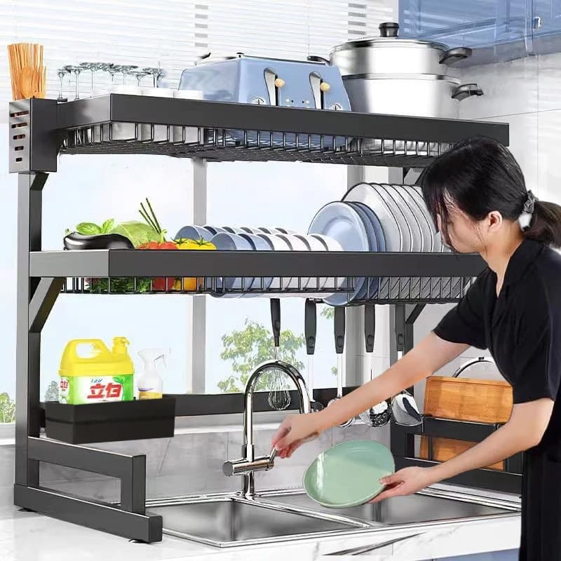 1/2Rack Escorredor De Louça Suspenso Kitchen Rack Aço Inoxidável Organizador Louça Preto 65/85cm Com 4 presentes