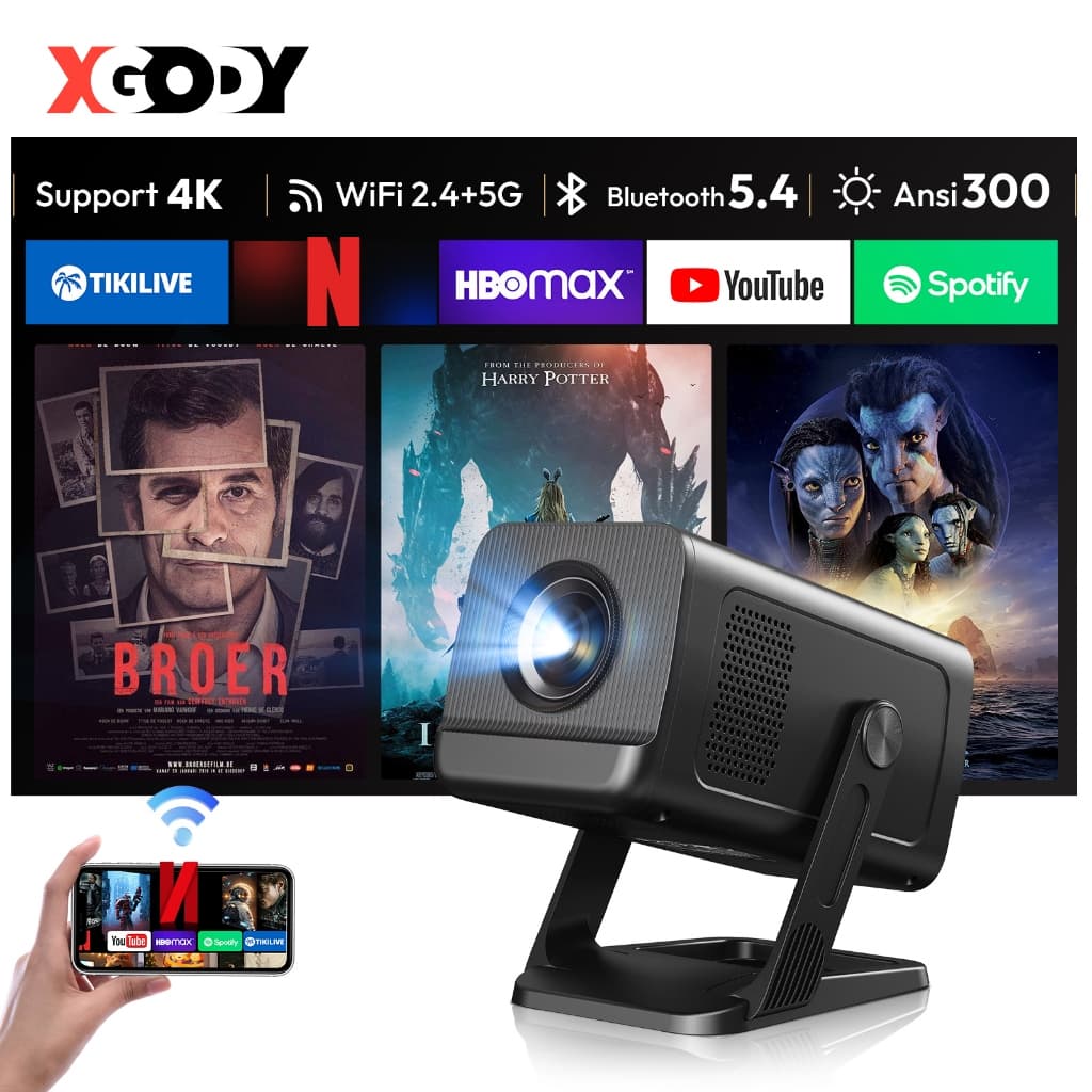 Projetor XGODY Gimbal 5 GO 1080P HD Auto Keystone Android 14 Home Cinema 300ANSI Suporte Netflix