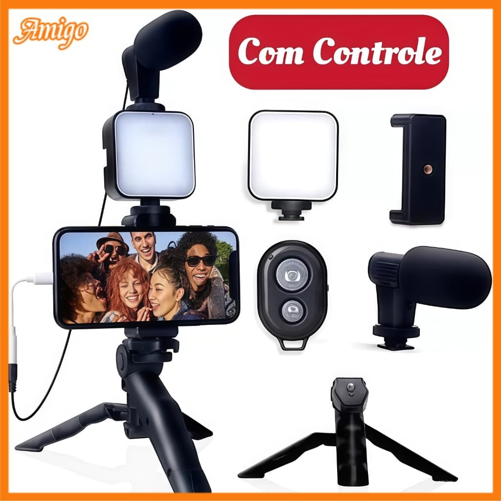 Tripé Estabilizador de Mão kit 5 em 1 gimbal Microfone Celular Gravação De Vídeo