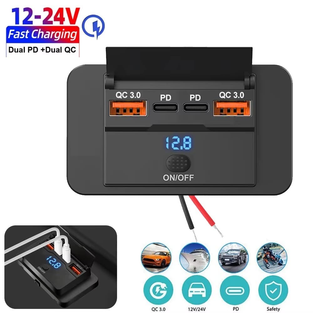 Novo Painel De Tomada Para Carregador De Carro , 4 Portas , 12V/24V , RV , USB Dupla QC3.0 PD , Acessórios De Carregamen