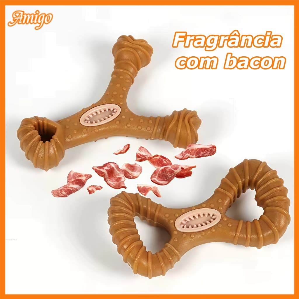 Brinquedo Interativo Osso Mordedor Cachorro Sabor Bacon Maciço E Resistente De Fibra De Trigo