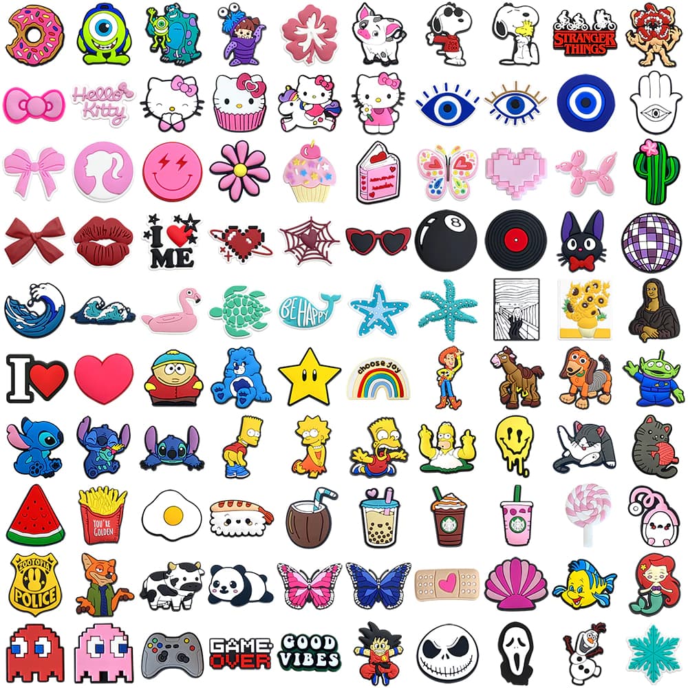 100 Estilos Diferentes Sapatos Encantos DIY Tamancos Sapato Aceessories Caber Sandálias Pinos Chinelos Decoração Criança