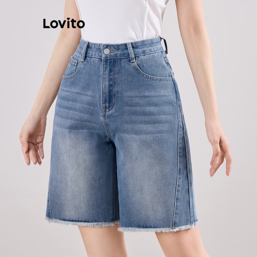 Lovito Shorts Jeans Casuais Com Bainha Crua, Shorts Jeans De Verão/Primavera Para Mulheres L113MD315