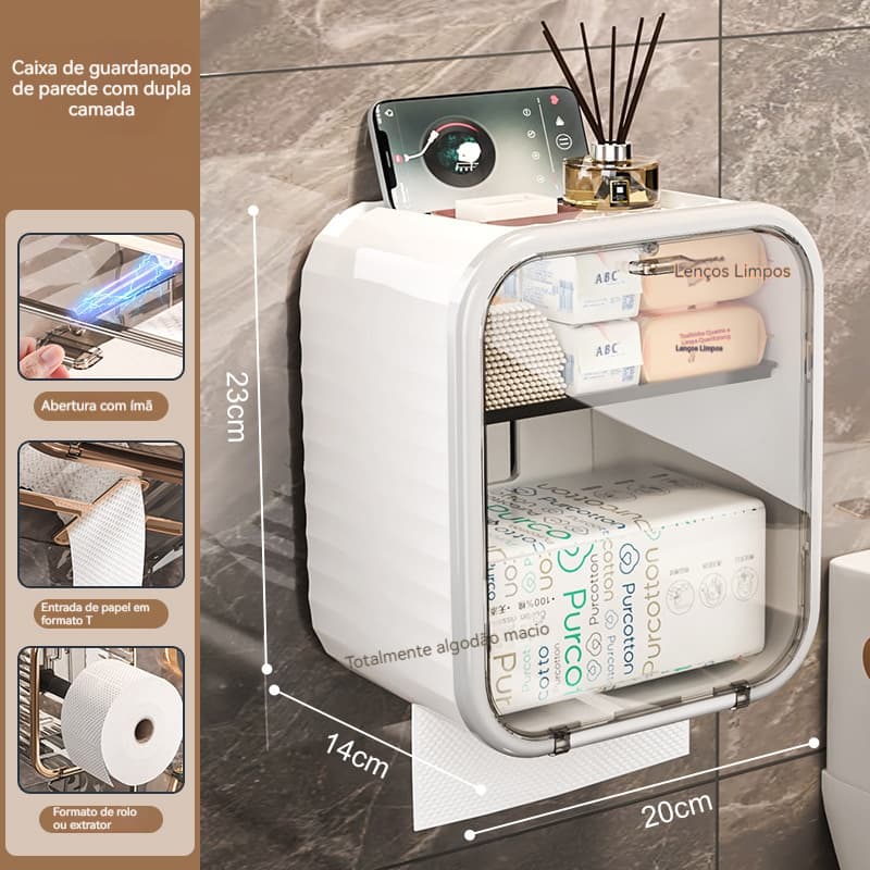 Caixa Organizadora De Dispensador De Papel Higiênico Para Banheiro Com Trava Magnética E Suporte Celular