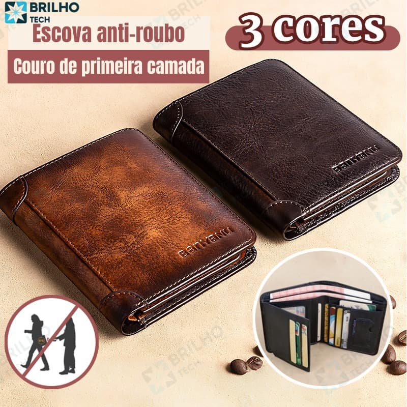 Carteira Antifurto Masculina De Couro Legítimo Vintage De Trifold E Bifold À Escolha-BT