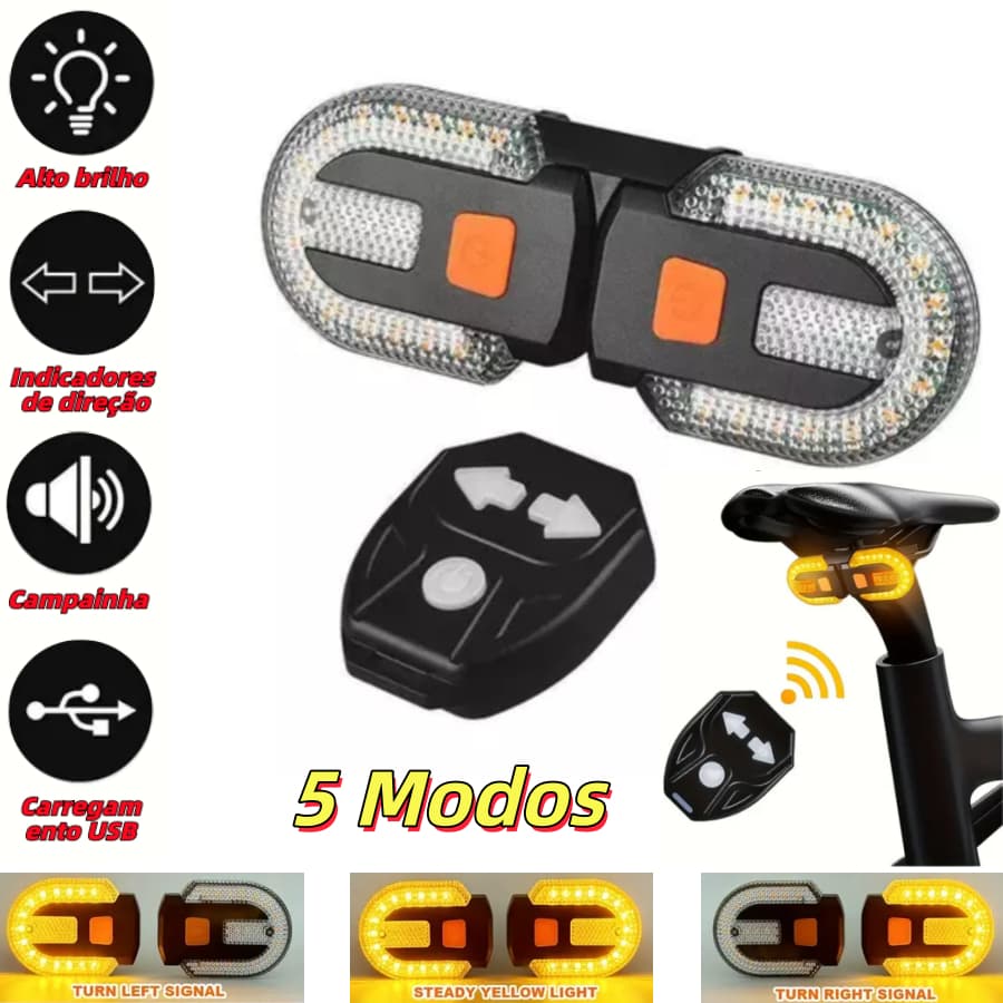 Lanterna Traseira Bike Eletrica com Seta Recarregável e Controle Sem fio USB 38 Leds