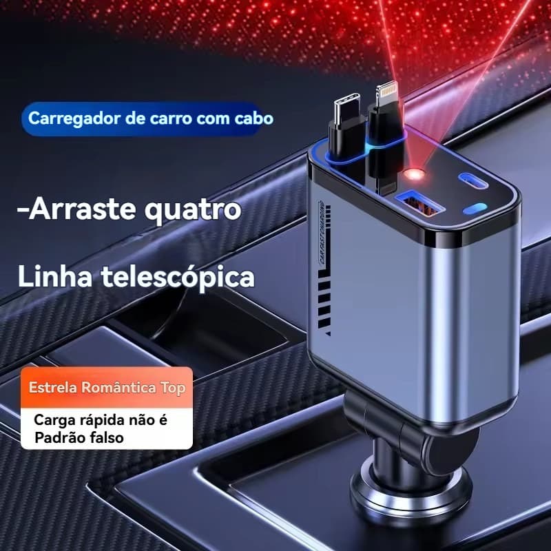 120W Carregador De Celular Retrátil De Para Carro Com Carregamento Rápido 4 Em 1 E Tecnologia Starlight, Com USB-C