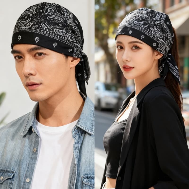 Bandana Lenço de Cabeça Preta e Branca Padrão Paisley - Unissex Confortável para Motoqueiro, Praia