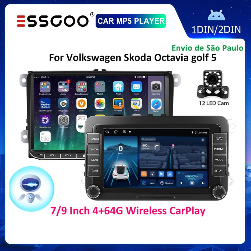 ESSGOO 7 " 9 " Tela Android 14 Carro MP5 Player Carplay 4 + 64GB Rádio Do Estéreo Para VW Volkswagen GOLF PASSAT POLO