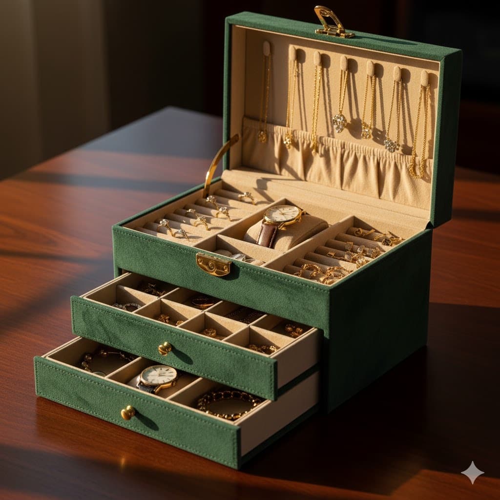 Caixa de Joias de 3 Camadas, Caixa de Armazenamento de Joiasde Couro PU Com 2 Gavetas