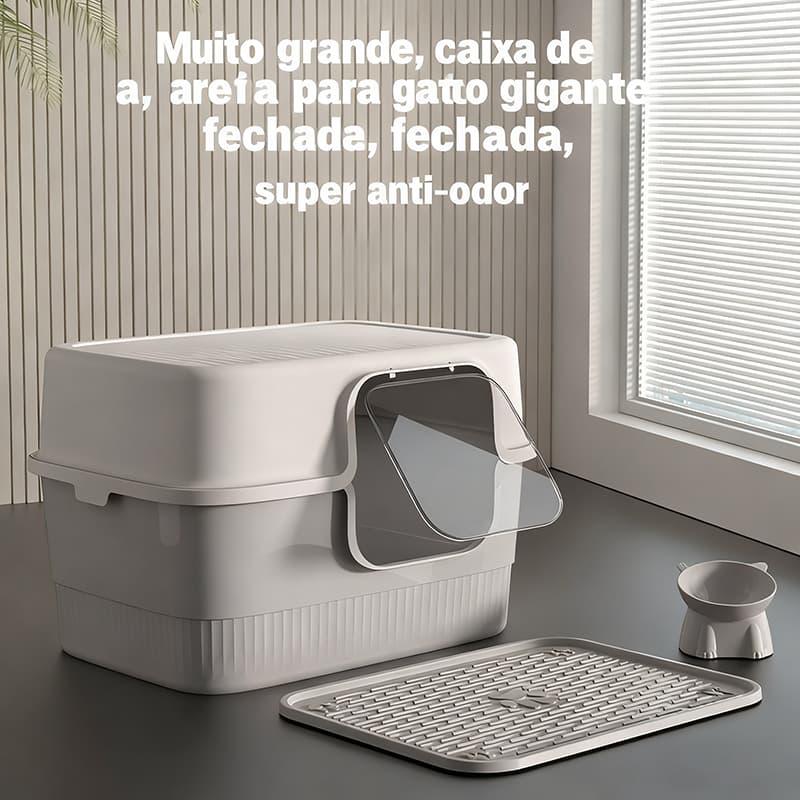 Caixa de Areia Fechada Antiodor para Gatos Kit Completo​ com Tampa Tapete Antiderrapante e Comedouro​
