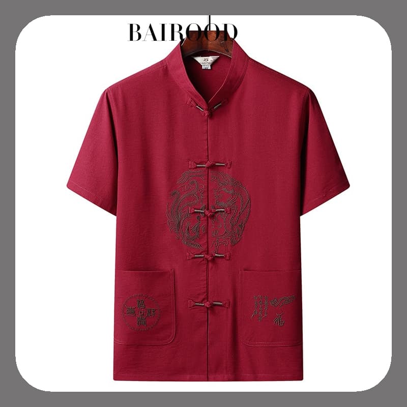 Camisa Tang Bordada Dragão | Top Masculino Premium De Ano Novo Chinês Blusa Manga Curta SamFu