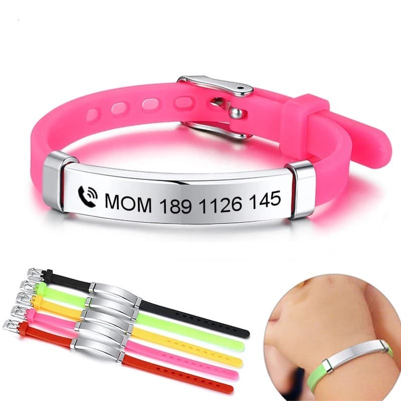 Personalizar Crianças Bebê ID Pulseiras De Silicone Macio Leme Aço Inoxidável Meninas Meninos Personalizado Nome Emergên