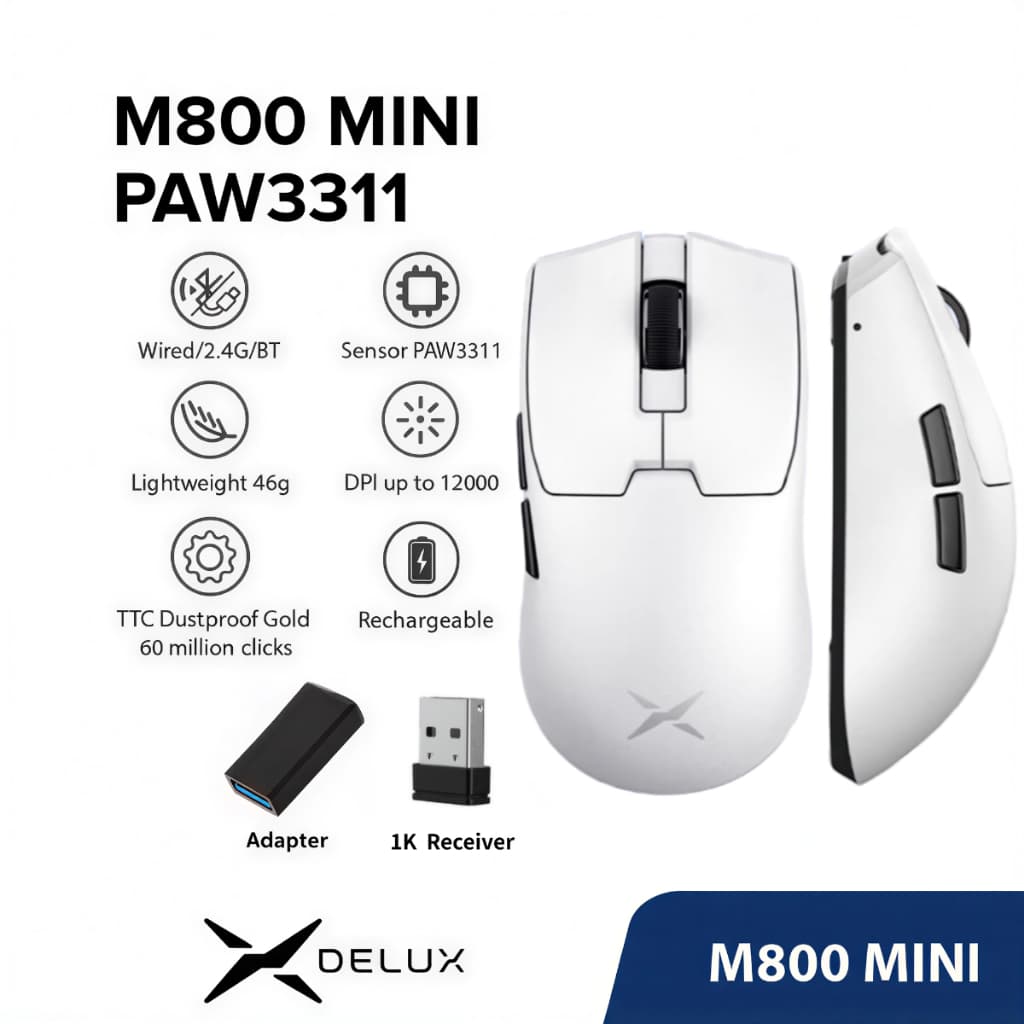 Delux M800 PRO PAW3395 Mouse Gamer DPI MÁX. 26000 com Fio 2.4G Bluetooth Sem Fio Recarregável Programável 56g