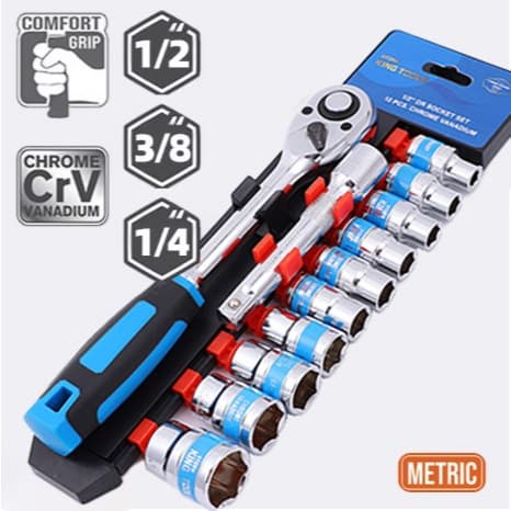Jogo De Soquete Sextavado 1/2 Catraca 12 Peças 10 a 24mm com Extensão