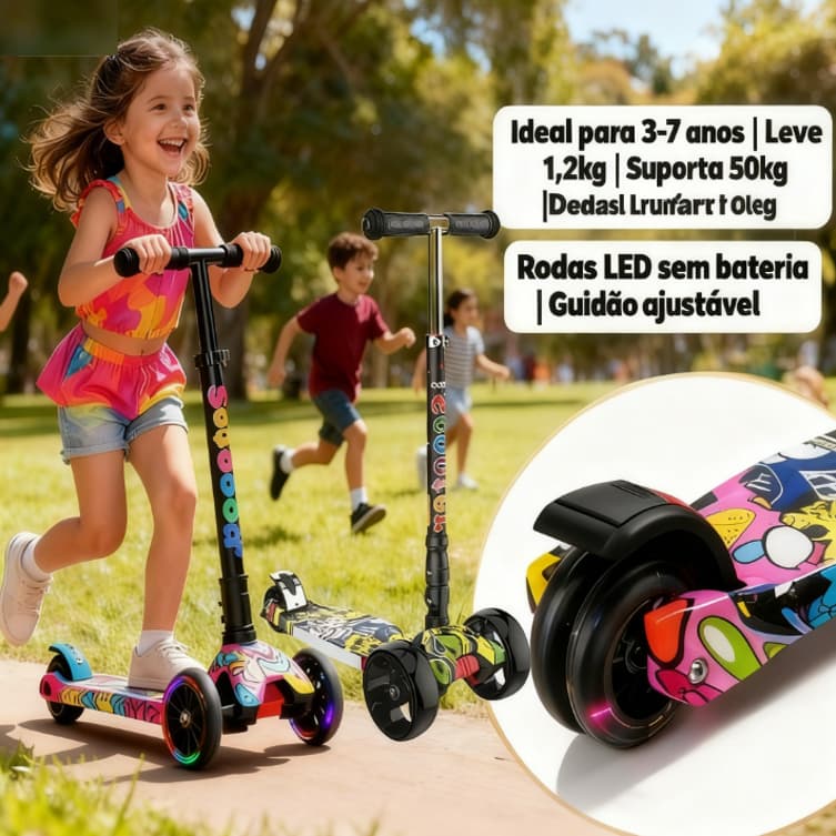 Patinete Infantil 4 Rodas - Rodas 5cm + Altura Ajustável 4 Níveis - LED e Dobrável Scooter Crianças