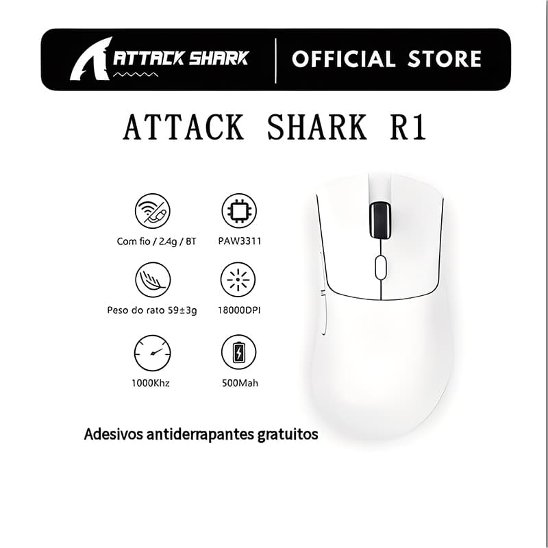ATTACK SHARK R1 lightweight wireless game mouse18000dpi 1000 Hz Conexão Trimodo PAW3311 Macro Para Jogos