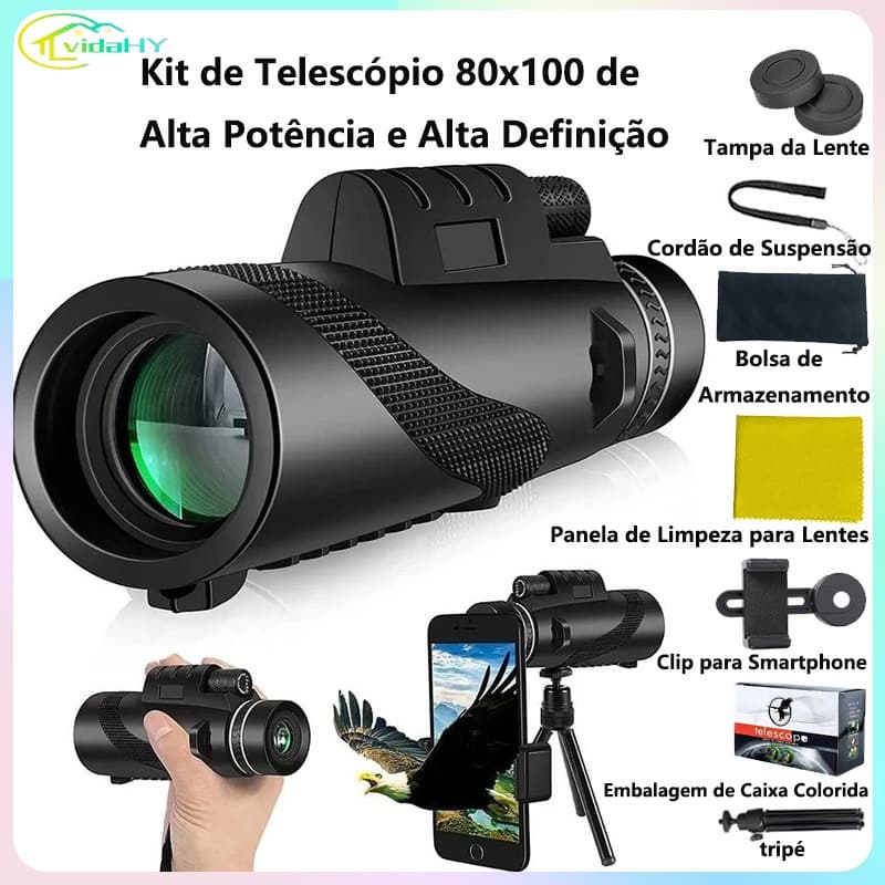 Telescópio Monocular portátil 80x100 HD com tripé - celular compatível, adequado para viagens
