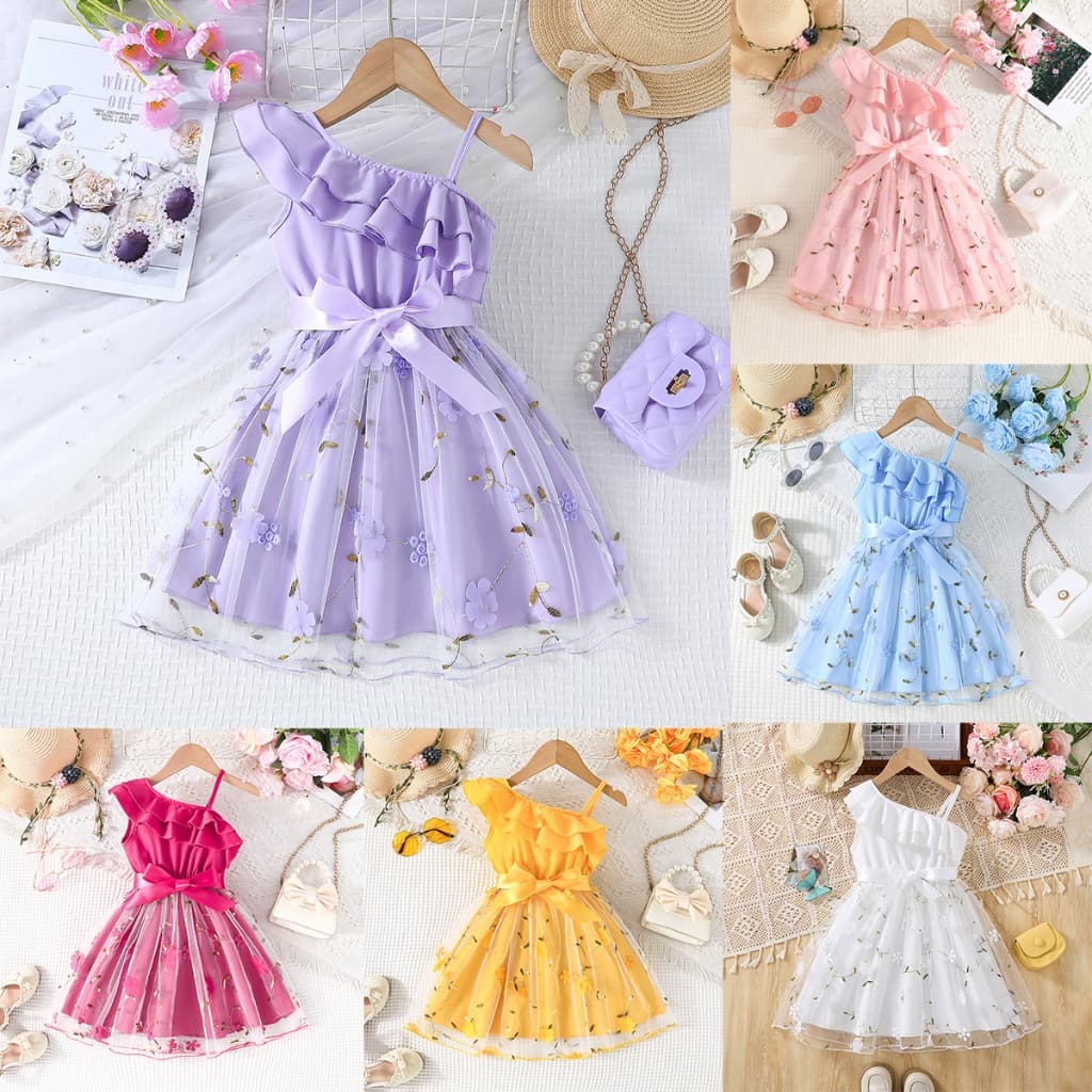 Vestido Infantil Regata Meninas 2-7 Anos Renda Flores Bordado 3D c Cinto Decorativo Multi Cores Rosa Azul