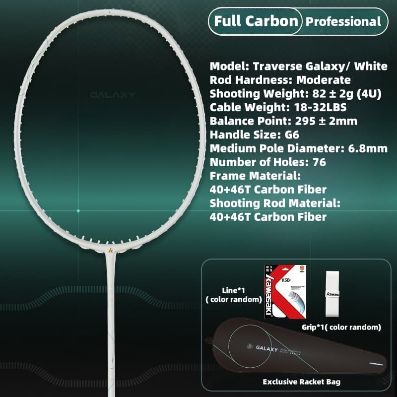 Kawasaki Raquete De Badminton Traverse Galaxy 4U 22-32LBS Profissional Todo Carbono Ultra Leve Alto Peso Ofensiva Única
