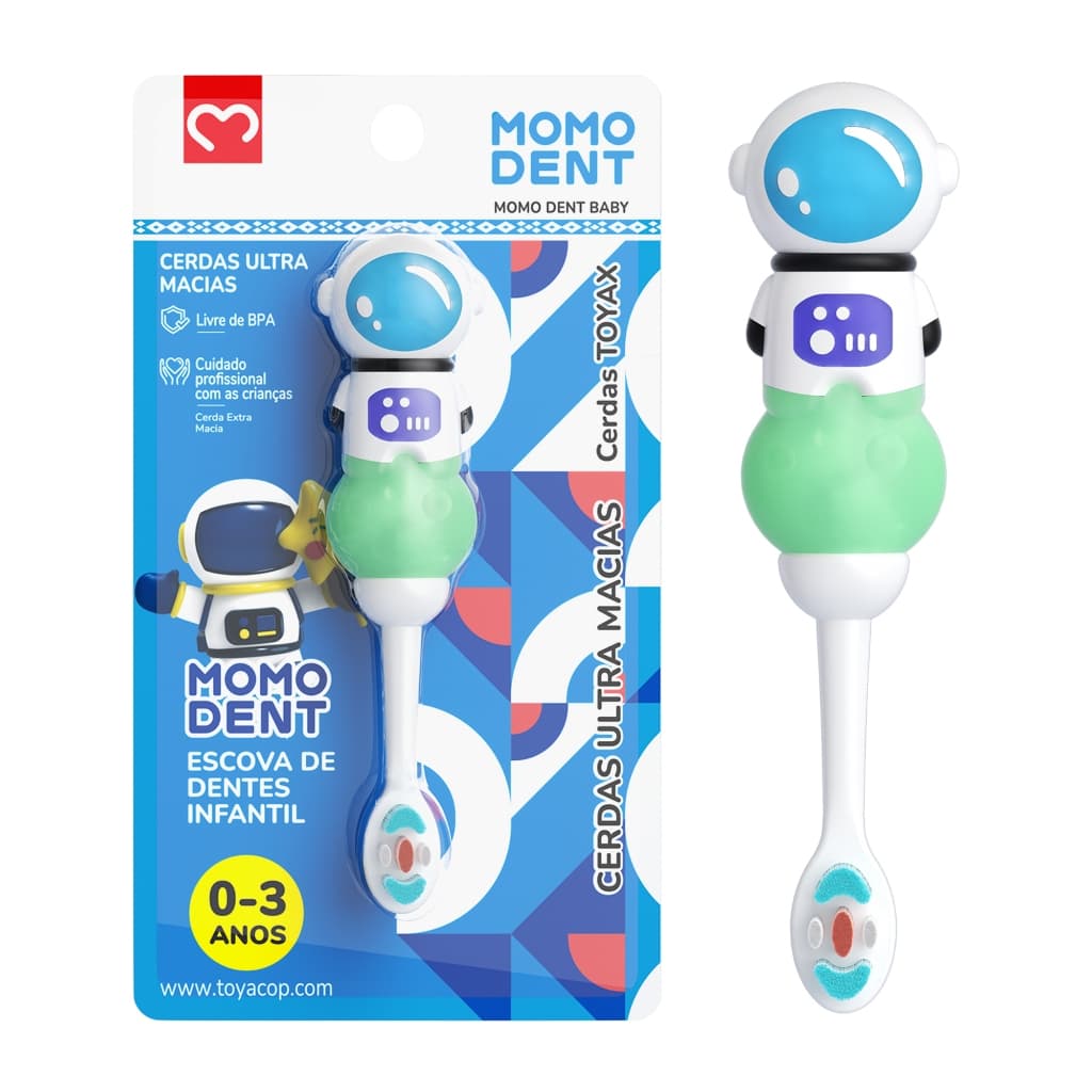 MOMO DENT Escova Dental Infantil  BABY 0-3 Anos - Astronauta, Cerdas Ultra Macias, 2 Cores