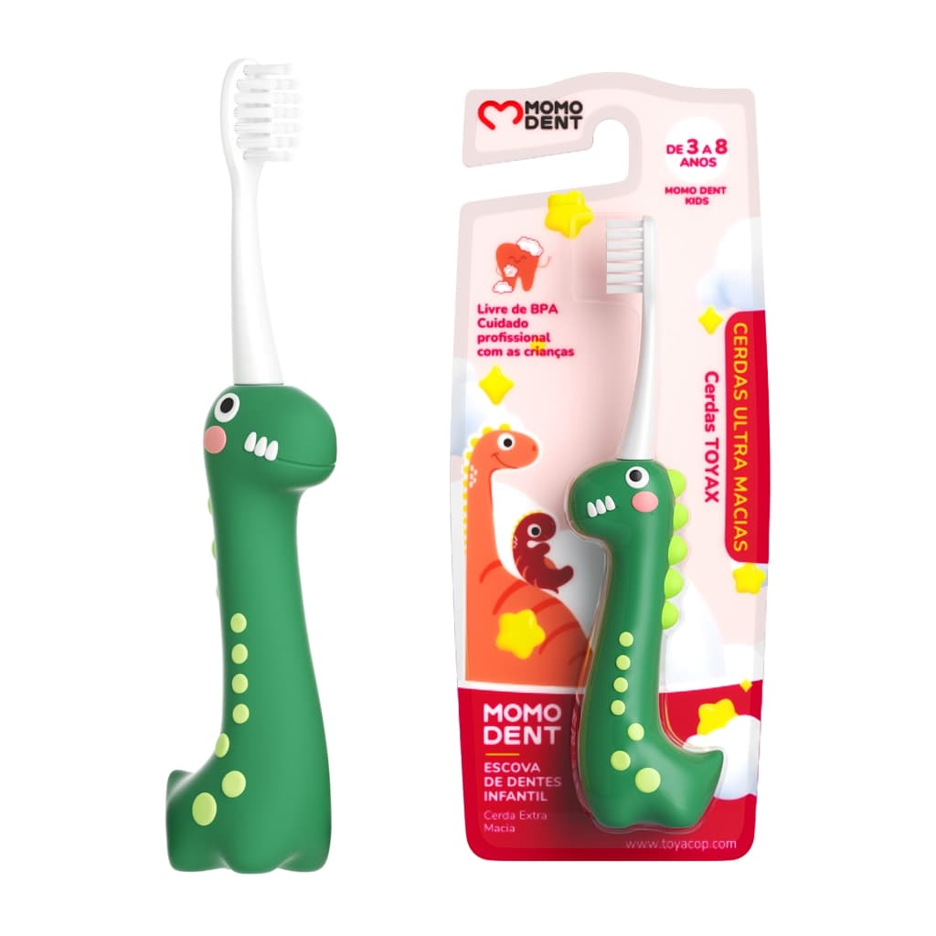 MOMODENT Escova Dental Infantil 3-8 Anos-Design Dinossauro,3 Cores, Cerdas Ultra Macias, Cabo Antide