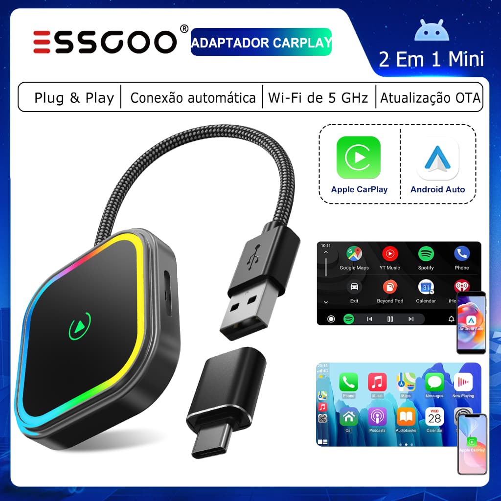 (Do São Paulo) ESSGOO PL8 Conversor De Adaptador Automático CarPlay/Android Sem Fio 2 Em 1 Com E Iluminação Colorida