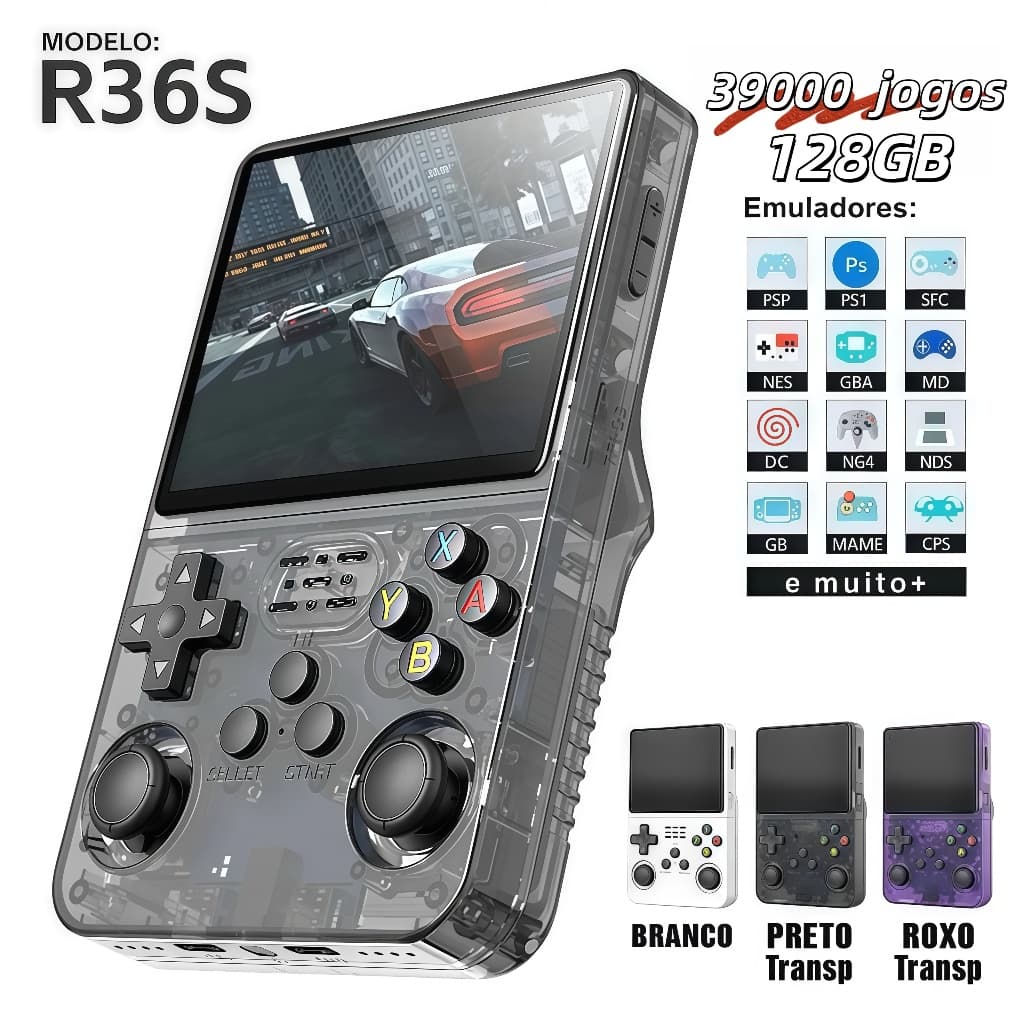 Console Portátil R36S + de 39000 Jogos Vídeo Game 64g Linux Tela IPS 3.5 Polegadas