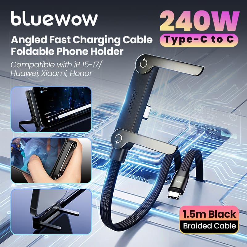 Cabo De Dados Com Suporte Angular BlueWow 240W Tipo C 1.5 M | 90 ° Para Jogos De Cotovelo Carregamento Rápido E Dobrável