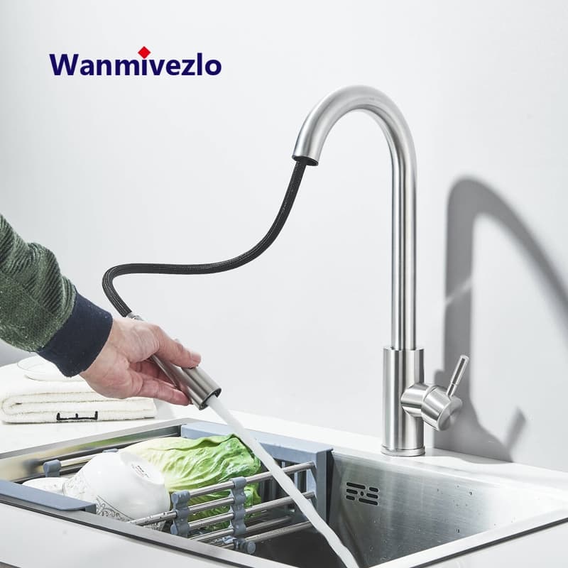 Torneira Banco De Cozinha Gourmet Misturador Extensível Cor Prata Escovado/Preto