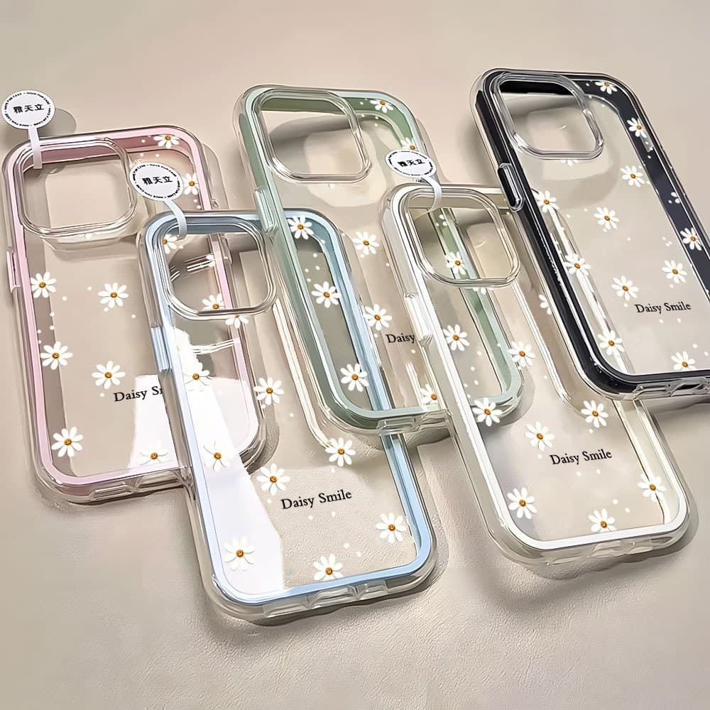 Capa 3 Em 1 Capinha Para IPhone 13 11 12 14 15 16 17 Air Pro Max Normal Transparente Acrílico Ins Flor Anti-Impacto