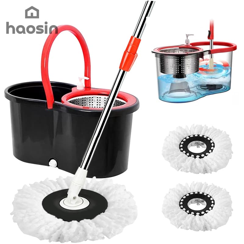 haosin mop Inoxidável Esfregão Giratório Profissional 14L c/ Balde, Rodas e Cabo 1,4m/2 Refis