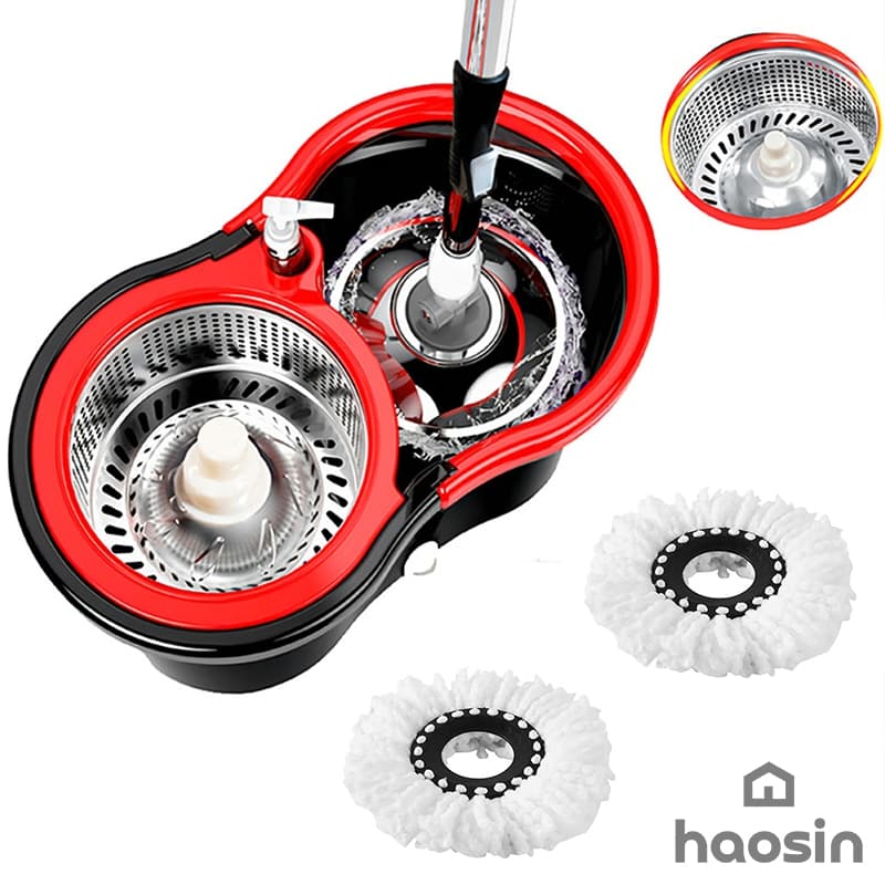 haosin Aço inoxidável Mop Giratório Esfregão  Profissional 2 Refis Cesto Giratório cabo de 140cm