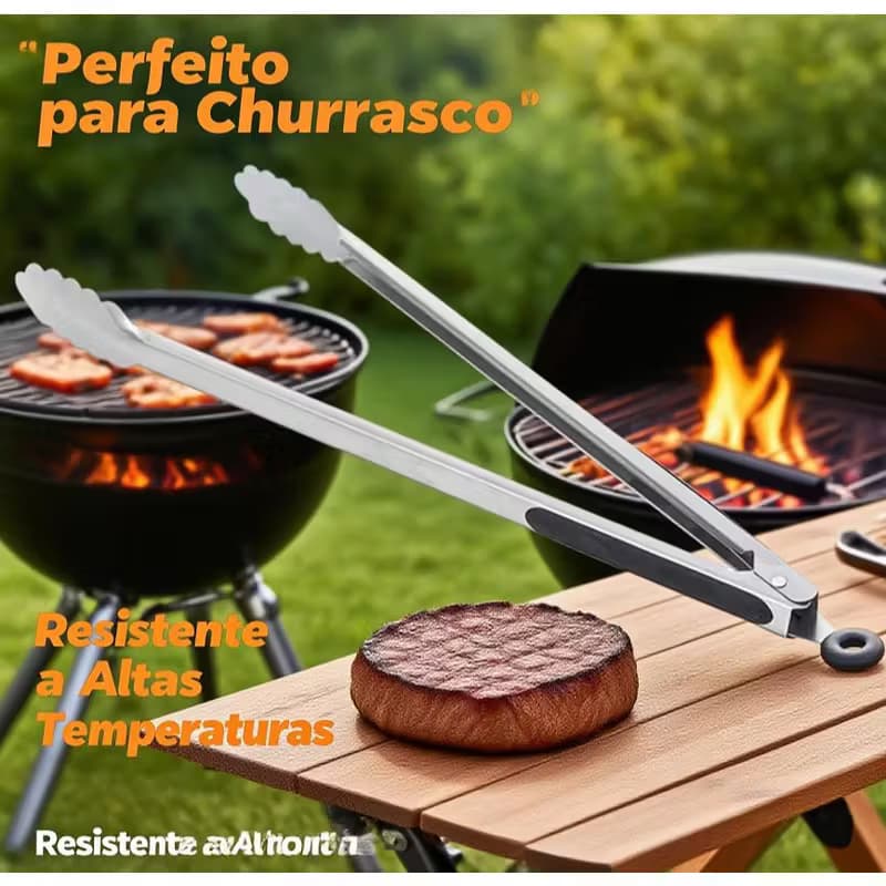 Pinça Com Trava Profissional 42 Cm Pegador Aço Inox Inteiriço Virar Longa Pegador Churrasco
