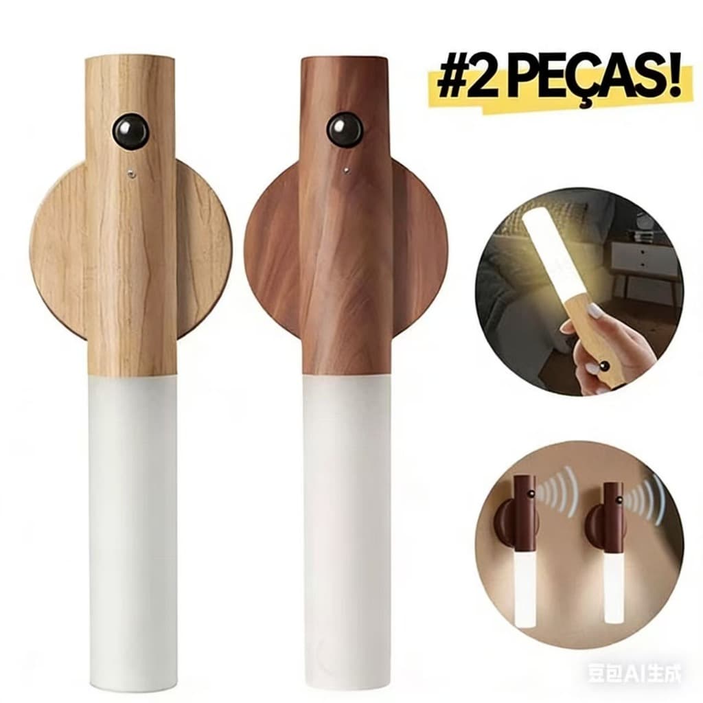 Luminaria Luz Led Recarregável Sensor de Movimento Arandela de Madeira Minimalista Para Mesa Parede