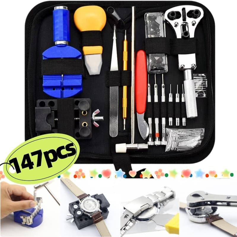 Conjunto de ferramentas para reparo de relógios com 147 peças, caixa de ferramentas para reparo e manutenção de relógios
