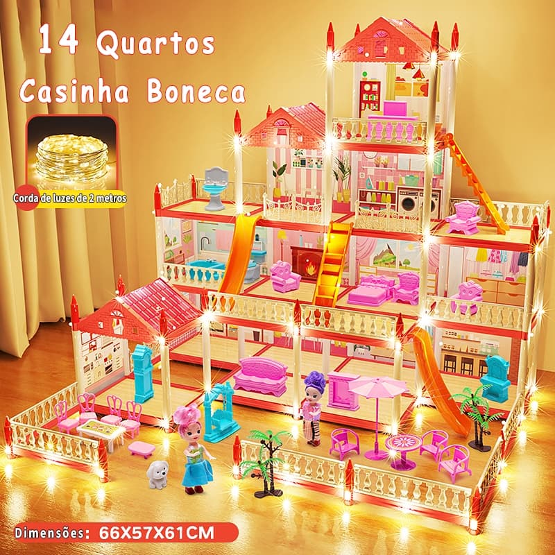 Casa De Bonecas De Luxo 14 quartos + 2 bonecas Villa Brinquedos  DIY Presentes Para Meninas
