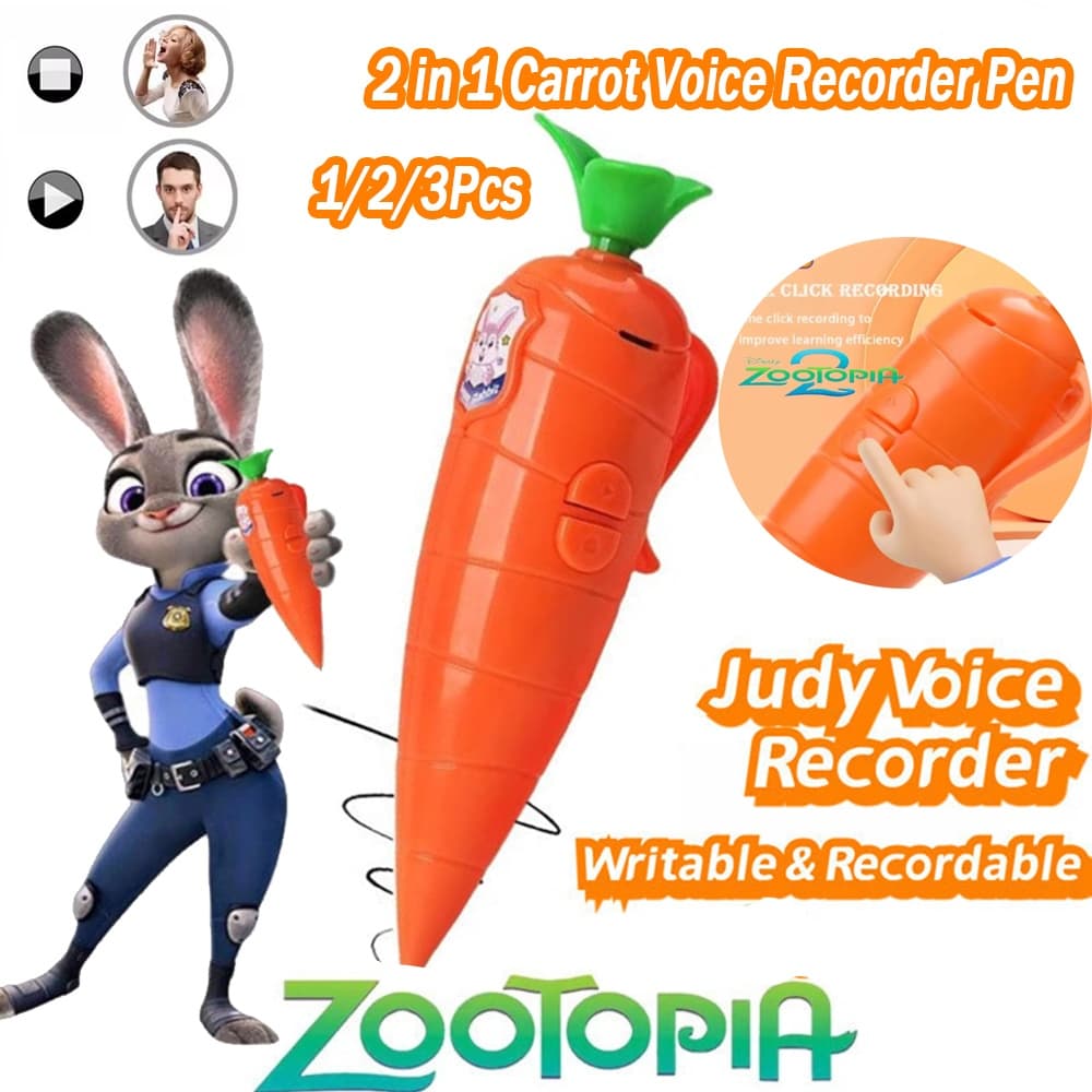 3 Pçs 2 Em 1 Cenoura Gravador De Voz Caneta 60 Segundos Zootopia Som Eletrônico Brinquedo Pode Escrever Graffiti Esferog