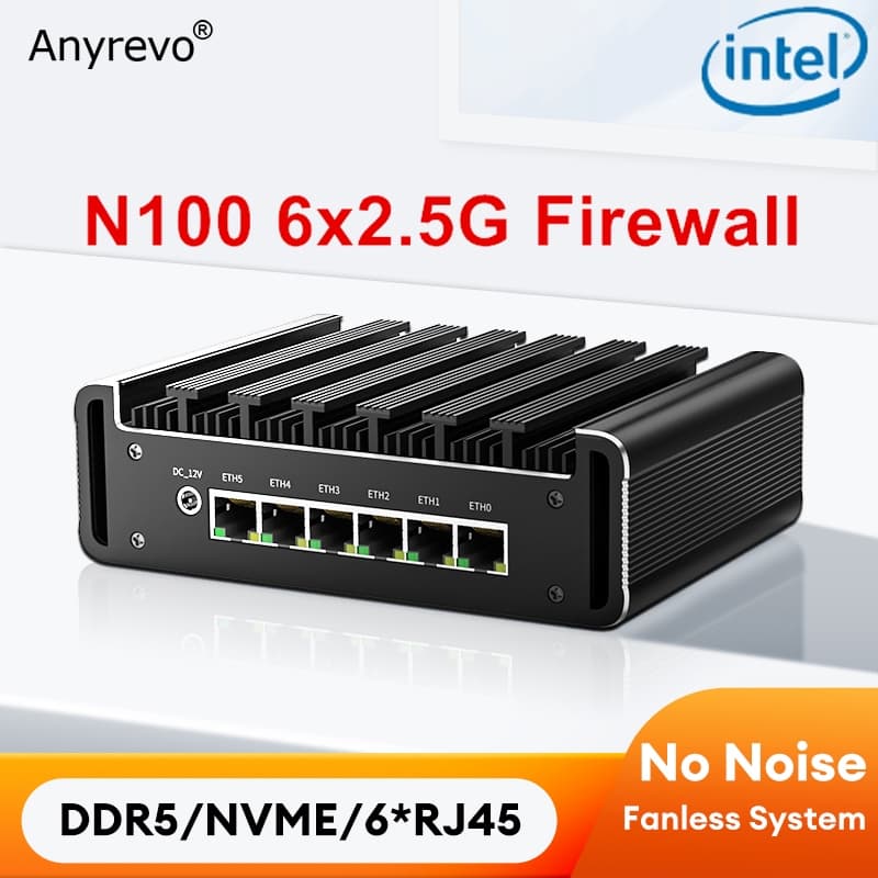 6xI226-V 2.5G LAN Firewall Router Intel N100 Pentium Gold 8505Soft i226 Fanless Mini PC COM HDMI DP USB Tipo-C pfSense A