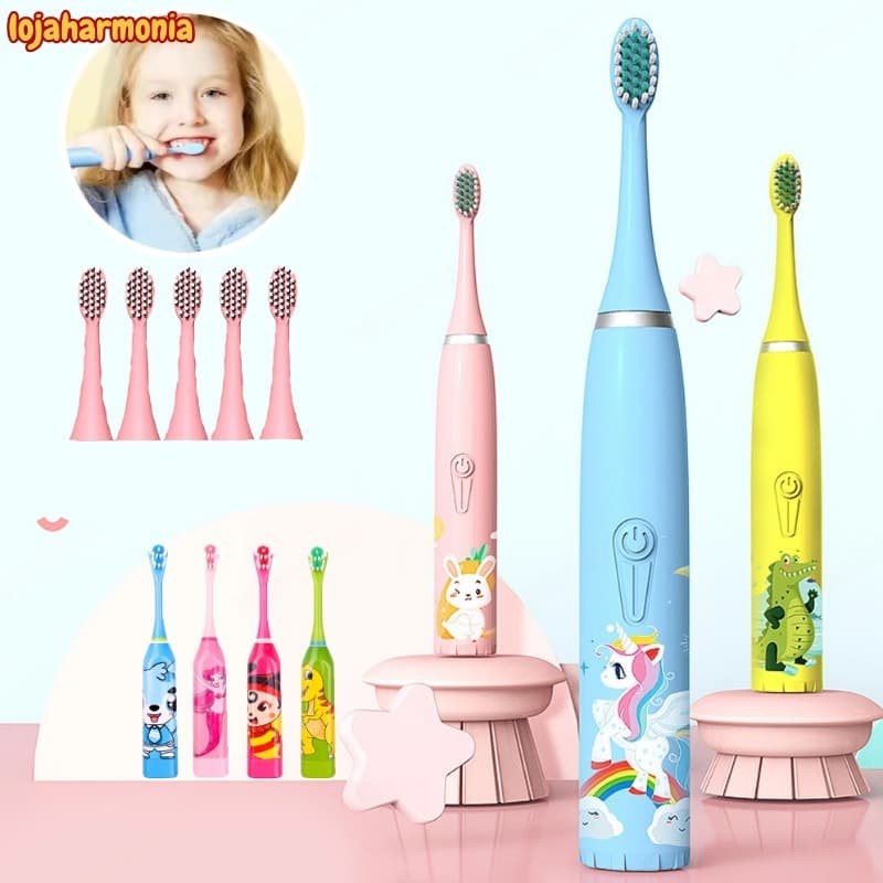 Escova Dental Elétrica Ultra-Sônica Para Crianças Acústica Onda Fofa Cabelos Suaves Dupla Face Limpa Cuidados