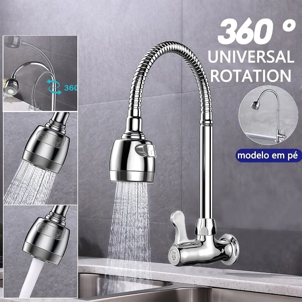 Inox Prata pura Torneira Com Chuveiro Com Rotação De 360° Cozinha Luxo Parede e bancada Promoção