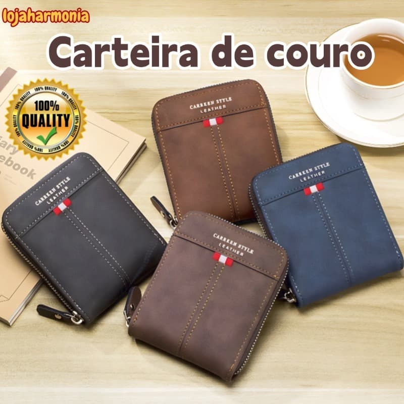 Carteira de Couro com Zíper Carteira Curta Multifuncional Porta-Carteiras Multifuncionais Porta-Cartõ Homens Novo Estilo