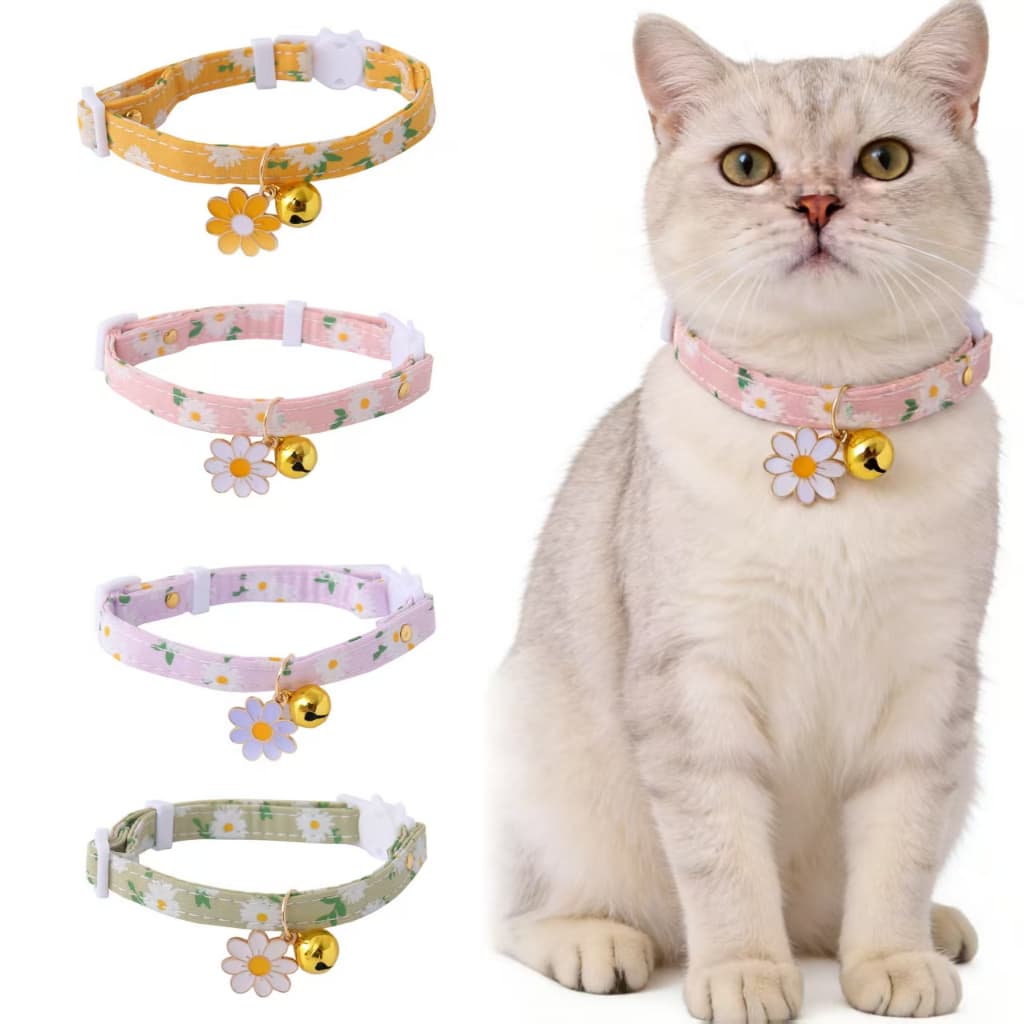 Coleira De Gato De Estimação Com Sino E Pingente De Flor De Margarida Fofo Acessórios De Trava De Segurança Para Colar D