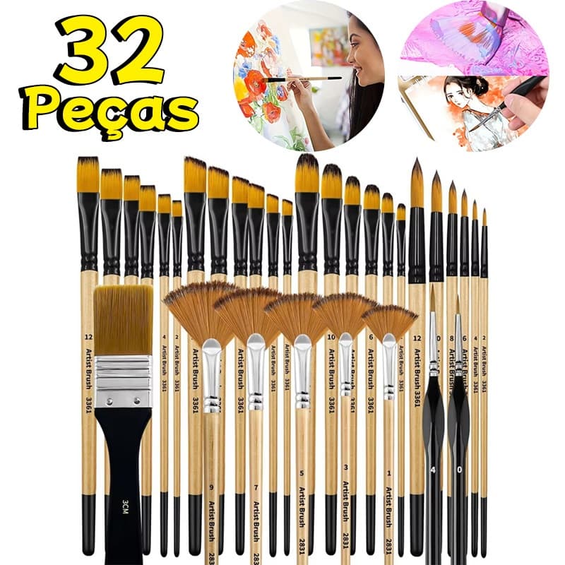 Conjunto De Pincéis De Pintura Profissional 32 Unidades Cerdas De Nylon De Para Óleo/Água/Acrílico/Art