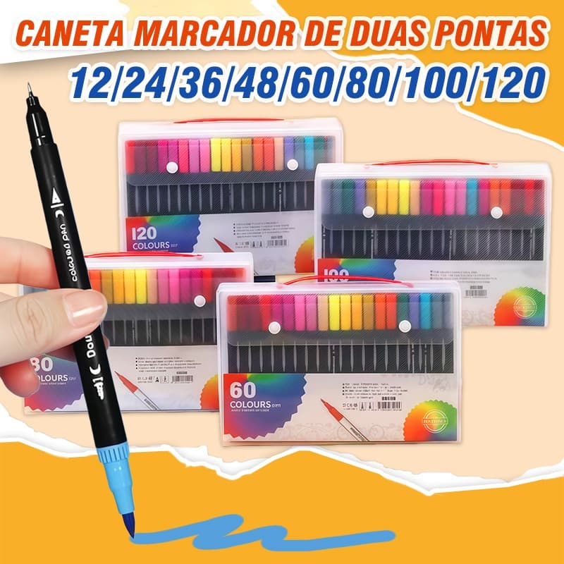 Kit 12/24/36/48/60/80/100/120 Cores Caneta 2 em 1 Brush Lettering e Ponta Fina Dual Pen Canetinha Colorir Desenho