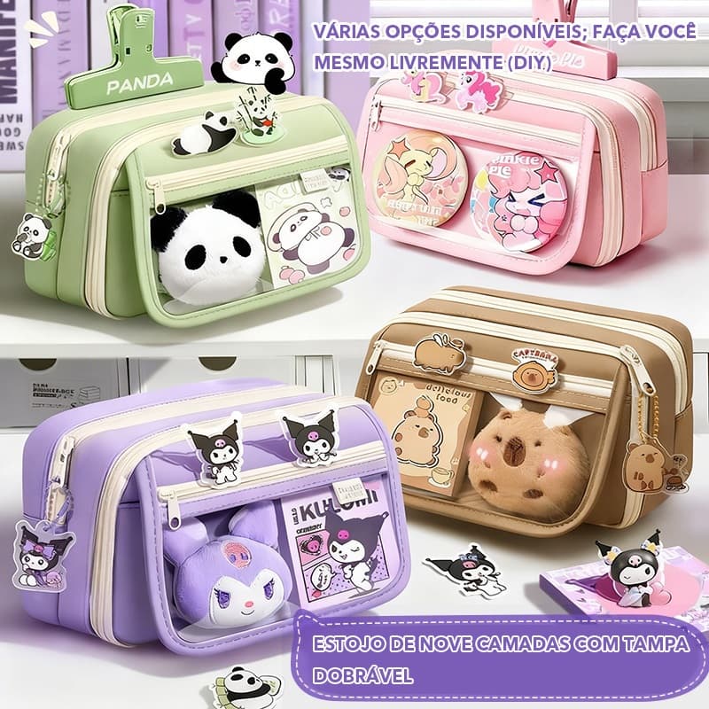 (Adesivo gratuito incluído) DIBEE  Estojo transparente grande  - Estojo de lona impermeável estilo coreano