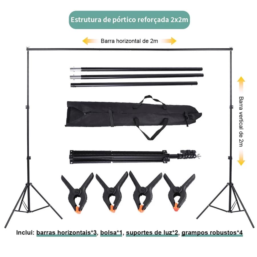 Suporte de fundo infinito 2*2m + 4 clipes fortes + 3 barras transversais + 2 suportes de luz + 1 bolsa