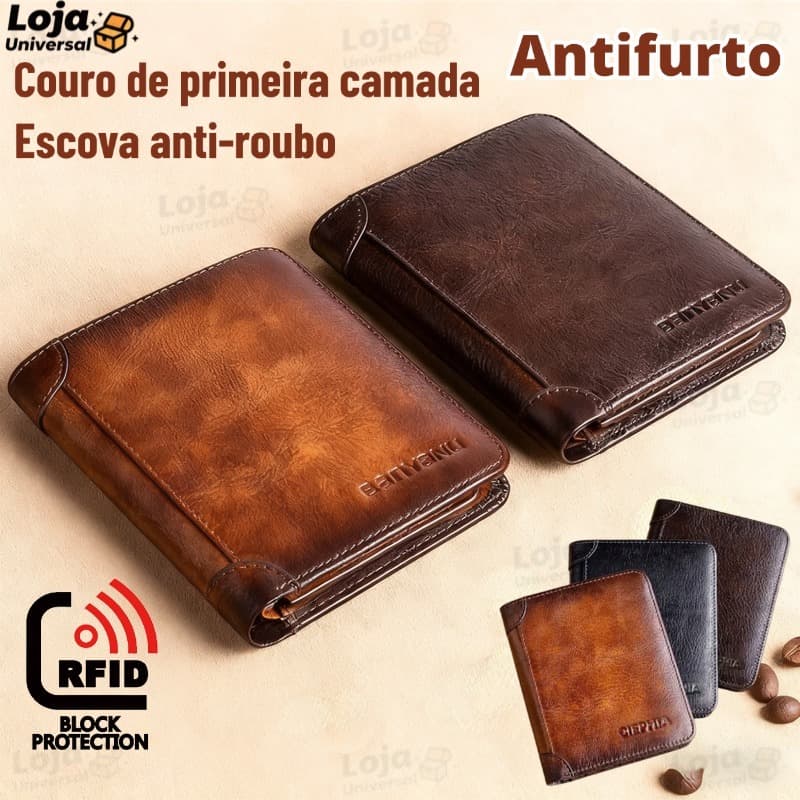 Carteira Antifurto Masculina De Couro Legítimo Vintage De Trifold E Bifold À Escolha-LU